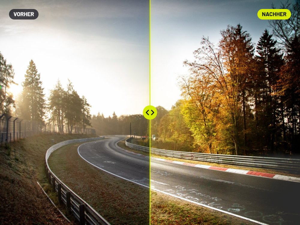 Vorher-Nachher-Vergleich: Nordschleife im Herbst, links unbearbeitet, rechts bearbeitet