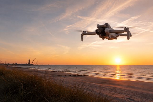 Drohne im Flug über dem Strand, Leuchtturm und Buhnen im Gegenlicht der untergehenden Sonne