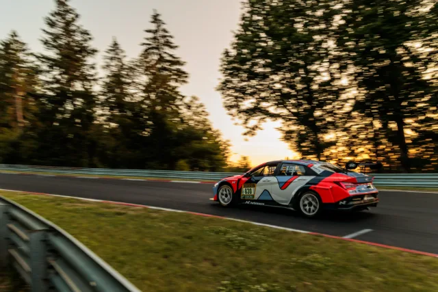 Hyundai Elantra N TCR im Mitzieher vor Nadelwald, Abendsonne