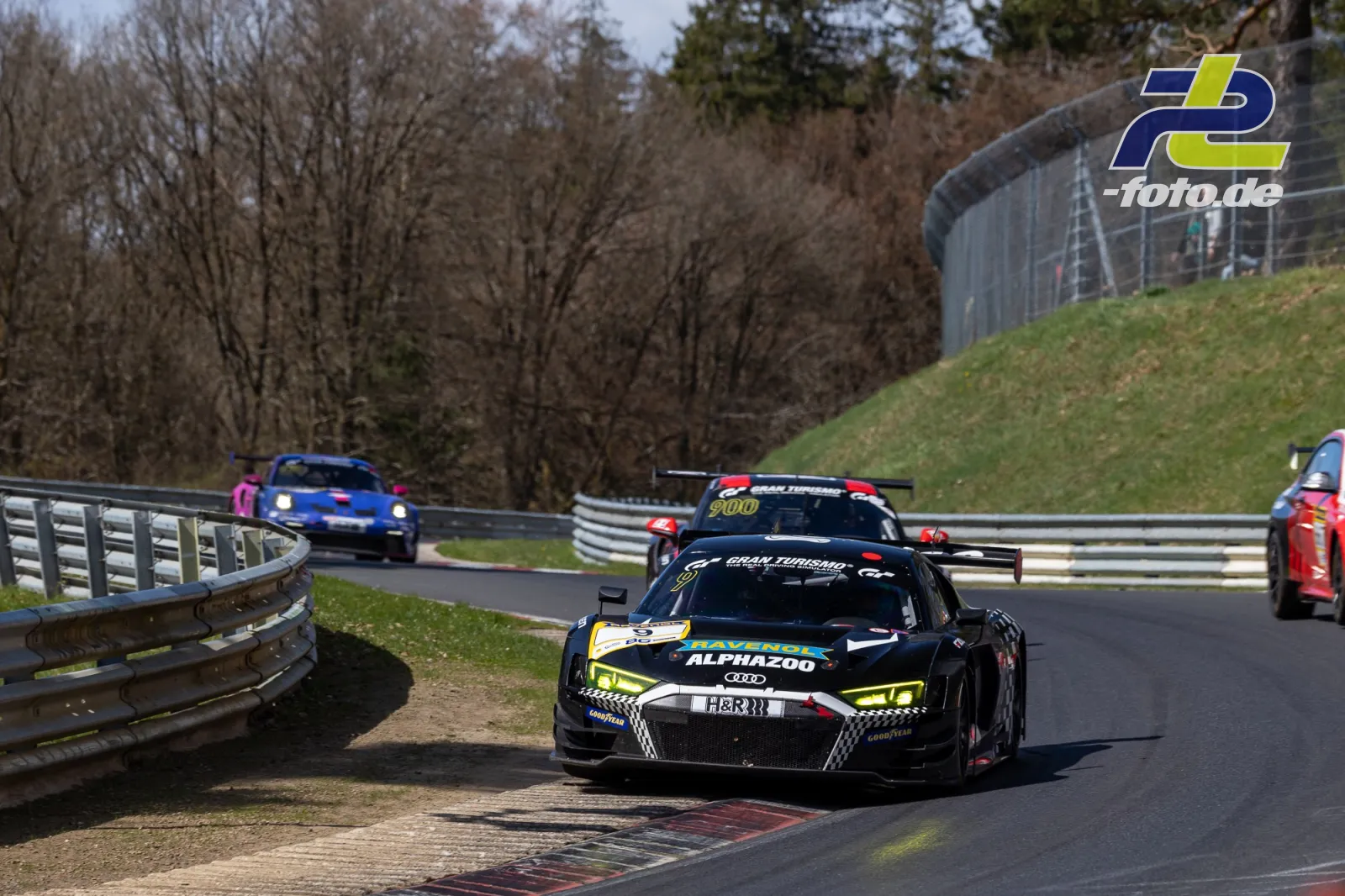 Audi R8 LMS GT3 Nummer 9 mit ALPHAZOO-Lackierung in einer Kurve auf der Nürburgring-Nordschleife, gefolgt von weiteren GT-Fahrzeugen.
